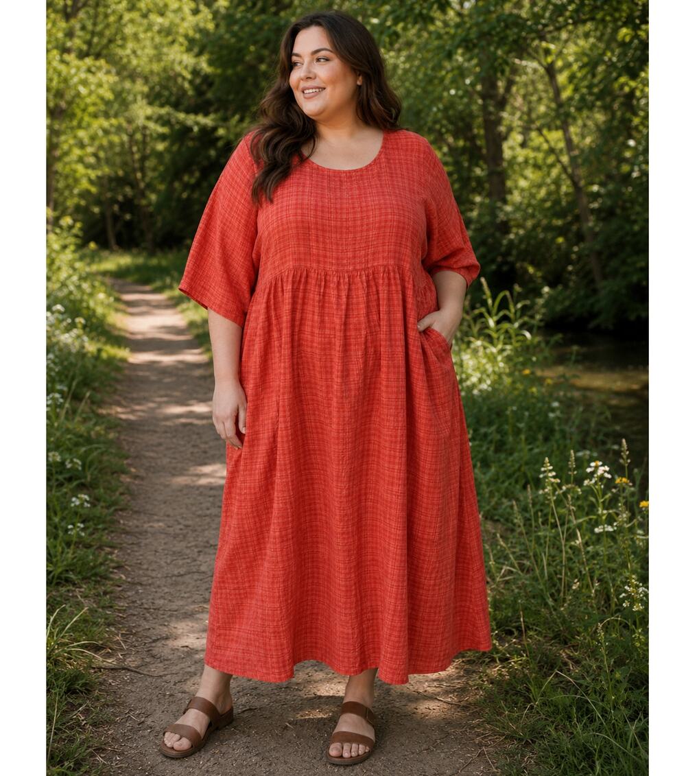 Boho Plus Size Terracotta Orange Maxi Dress 100% Viscose Gingham Plaid Pockets